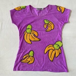 Discount Universe Purple Banana Sequined Beaded Graphic T-Shirt Size M RARE
